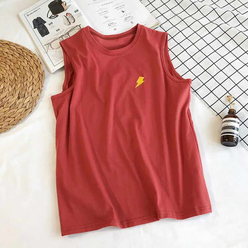 Women Tank Tops Summer Clothing Fashion Casual Loose Cotton Embroidered Moon Sleeveless Vest