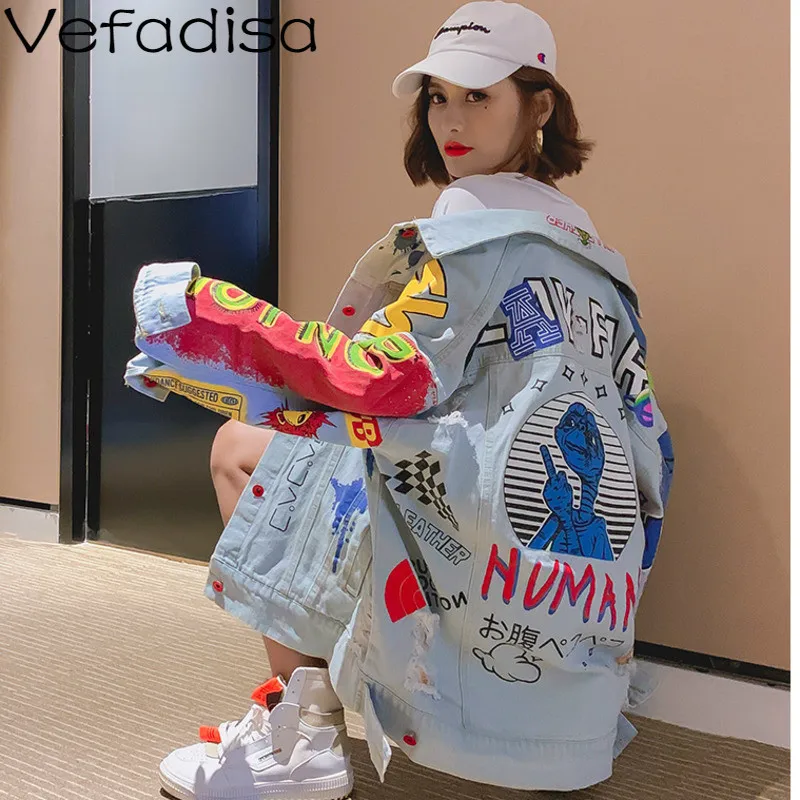 

Vefadisa Women fall Light Blue Cowboy Chic Doodle Printed Pattern Jacket Loose Hole Decoration Single Breasted Coat 2019 QYF029