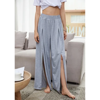 

Women Elastic Waist Split Loose Women New Casual Chic High Waist Solid Wide Leg Trousers M Size