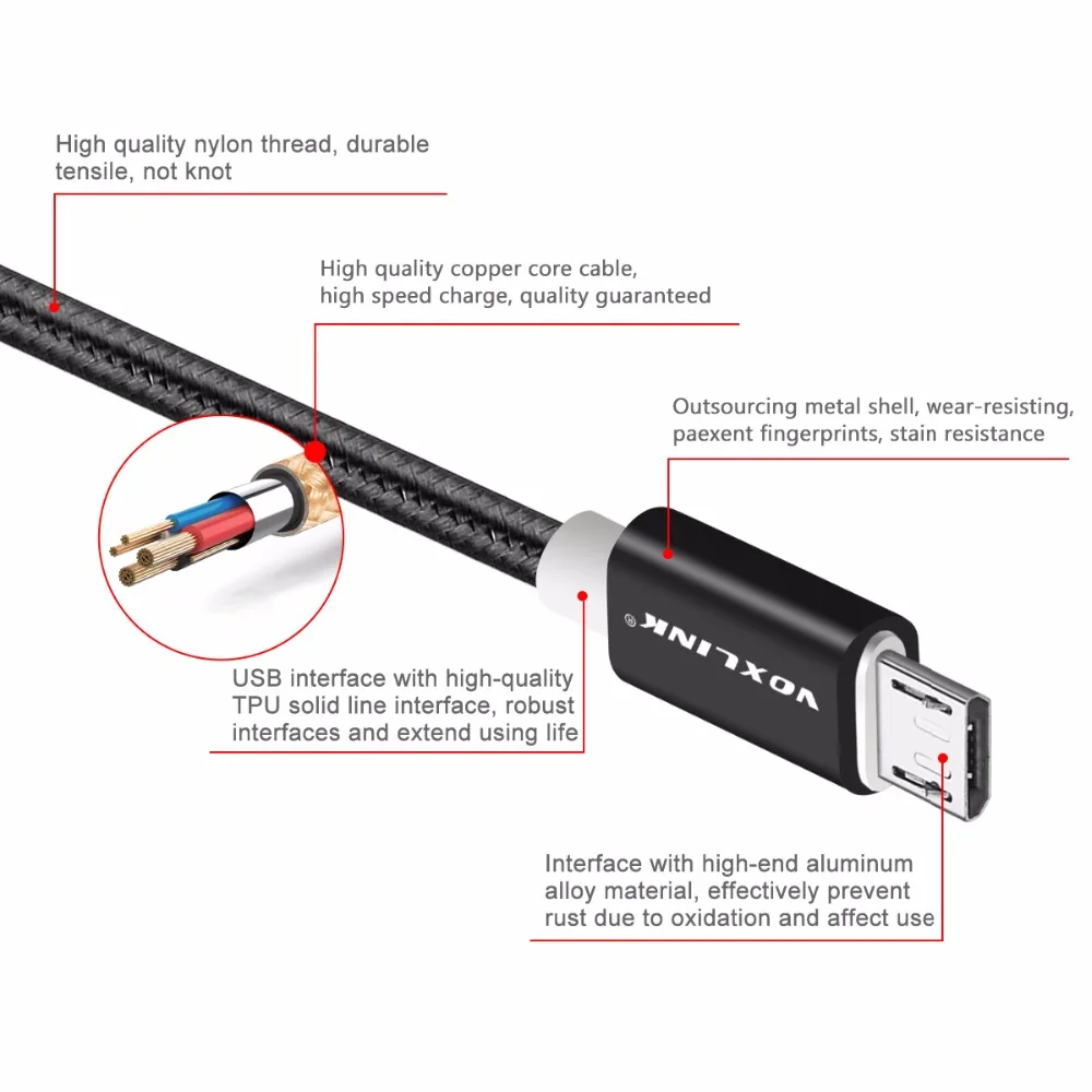 VOXLINK 10 шт USB кабель 5 V 2.4A Micro USB зарядный дата кабель мобильного телефона для samsung S7 S6 Huaiwei Xiaomi Meizu LG htc