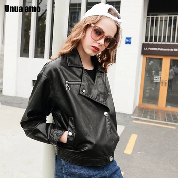 

Unua amo PU Biker Jacket Women Short Fashion Loose Fit Design 2020 Casual Spring Black Soft Faux Leather Jacket