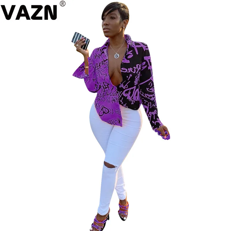 VAZN NK057 Новая Осенняя Лоскутная классическая с буквенным узором, длинный рукав, консервативный жоржет, женские офисные длинные рубашки - Цвет: Фиолетовый