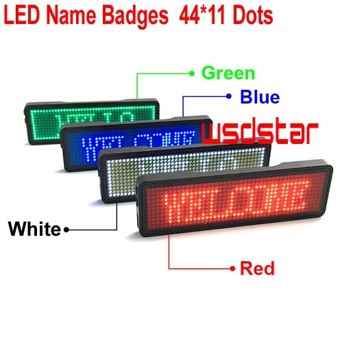 Красный, синий, зеленый, белый цвет специальное предложение 44x11 перезаряжаемый светодиодный прокрутка имя значок горячий движущийся текстовый дисплей визитная карточка бирка