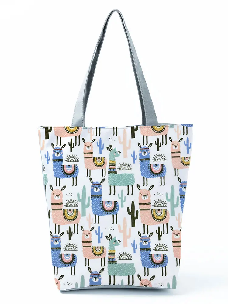 Cartoon Alpaca Printed Female Shopping Bag Girl Cute Animal Large Capacity Casual Shoulder Bag Cactus Travel Tote Bag Can Custom