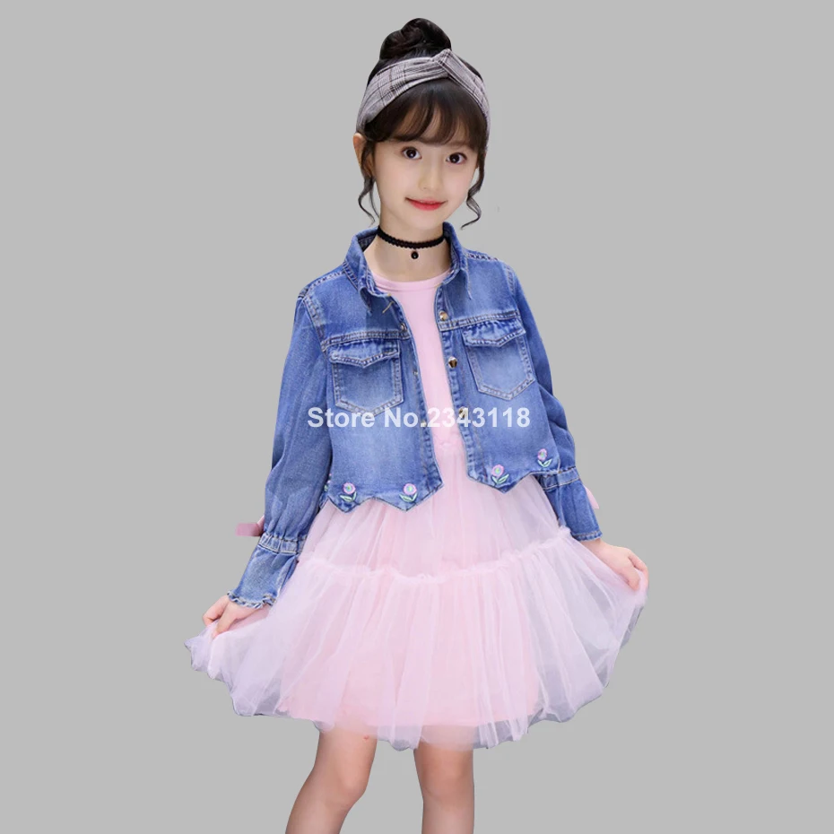 

Clothes For Girls Denim Jacket + Mesh Dress Girls Clothes Set Spring Autumn Full Length Clothes For Children 8 10 12 13 14 Year