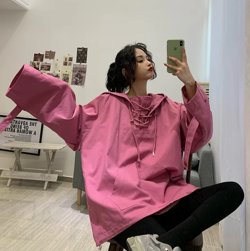 SexeMara Autumn New Hooded Collar Women Tops Full Sleeve Solid Color Large Size Ladies Fashion Loose Pullover CSW164