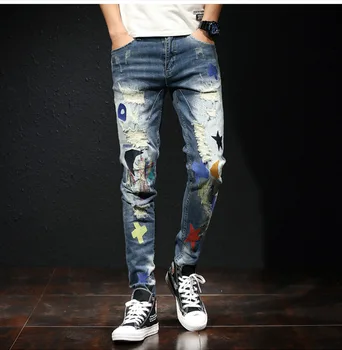 

Mens Printed Embroidery Designer Elastic Ripped Jeans Men Punk Hip Hop Skinny Jeans Fashion Streetwear Pants