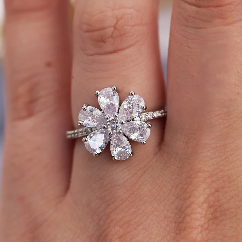 Fashion Crystal Wedding Rings for Women Silver Color Flower Floral Shaped Engagement Bridal Luxury Party Jewelry finger ring silver ring wedding rings wedding ring