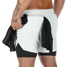 Aliexpress - Double layer Jogger Shorts Men 2 in 1 Short Pants Gyms Fitness Built-in pocket Bermuda Quick Dry Beach Shorts Male Sweatpants