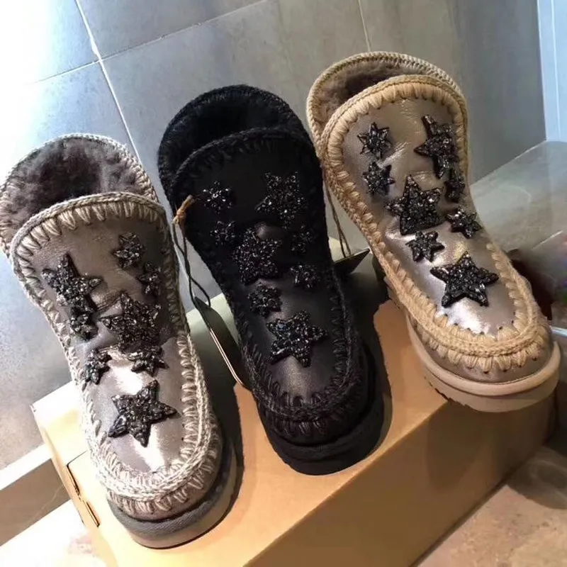 Женские шерстяные ботинки со стразами; зимняя обувь из натуральной кожи; удобные ботильоны на скрытом каблуке; цвет серый, черный; женская обувь