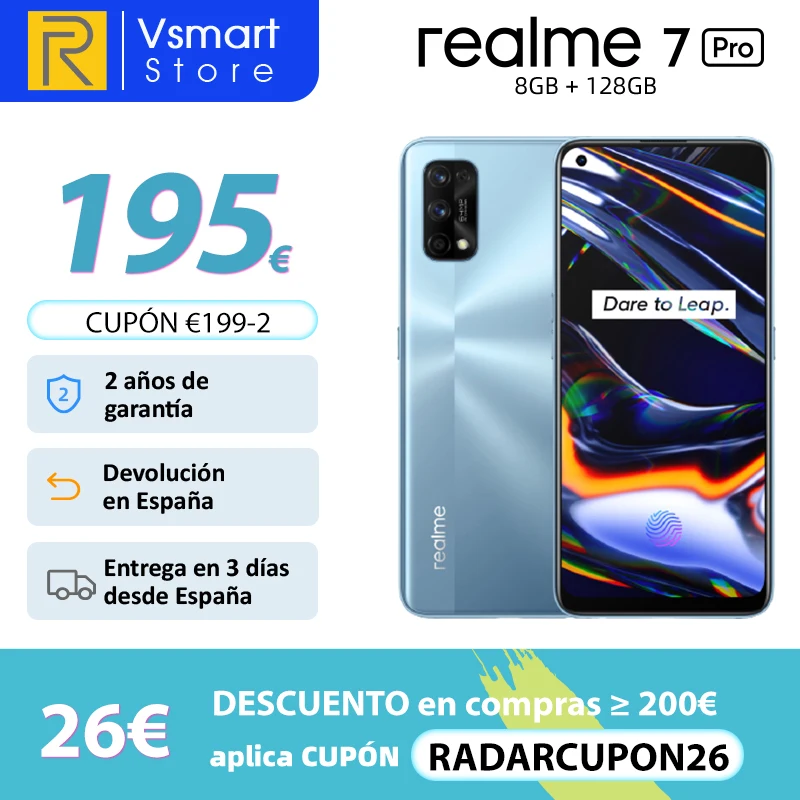realme 7 Pro 8GB 128GB En stock Nueva Versión Global Smartphone Snapdragon 720G 6.4 Pantalla AMOLED 64MP Quad Cams 65W SuperDart Charge; código: RADARCUPON26 (200€-26€)05ESOW20(€150-20)
