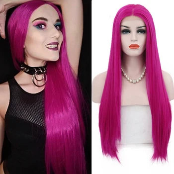 

RONGDUOYI Rose Red Hair Cosplay Wigs for Women Heat Resistant Fiber Silky Straight Wigs Synthetic Lace Front Wig Natural Hair