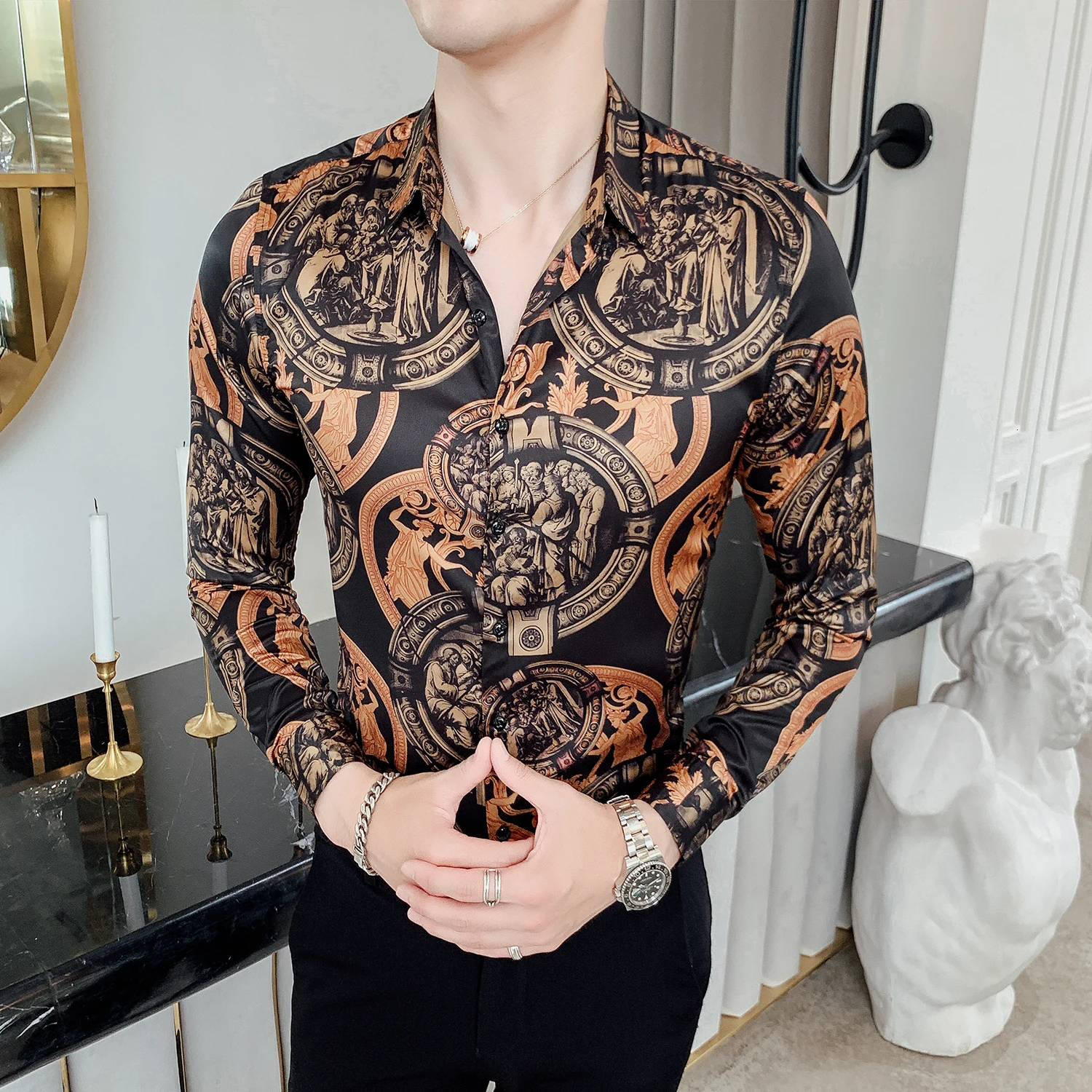 

2019 Streetwear Long Sleeve Mens Casual Shirt Slim Fit Dress New Tuxedo Shirt High Quality Stylish Print Shirts For Men Clothes