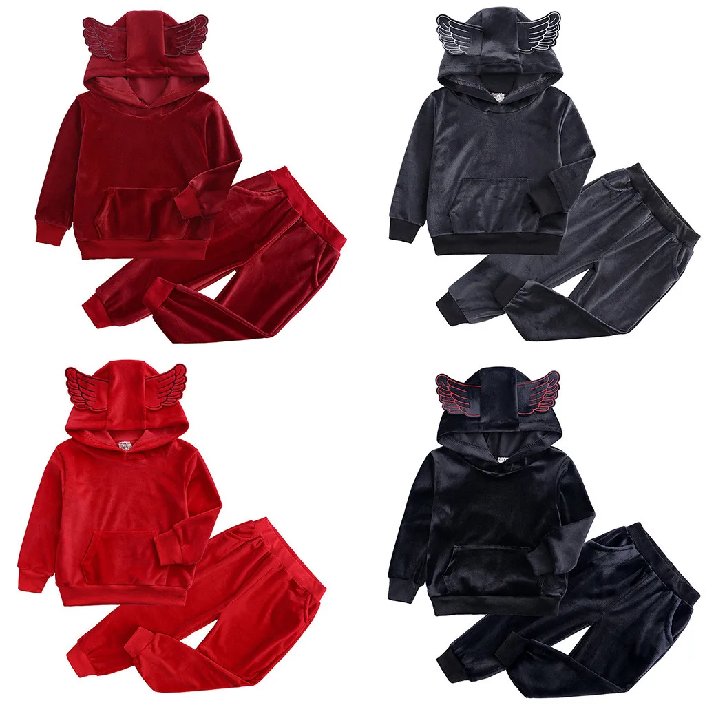 Комплект одежды для маленьких детей, флисовый теплый свитер с капюшоном и 3D крыльями для мальчиков и девочек, комплект со штанами, Модный осенне-зимний костюм, M850