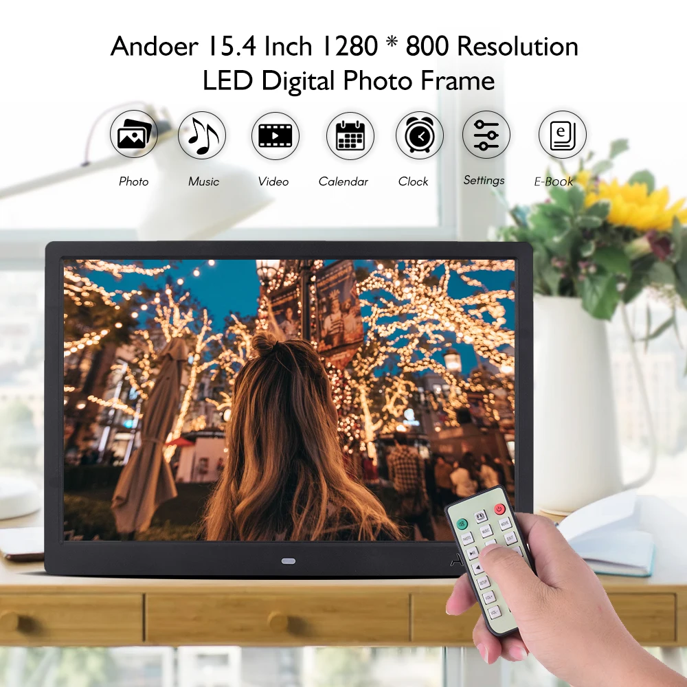 Andoer 15,4 дюймов 1280*800 светодиодный цифровая фоторамка 1080P HD видео воспроизведение с пультом дистанционного управления музыкальный фильм электронная книга