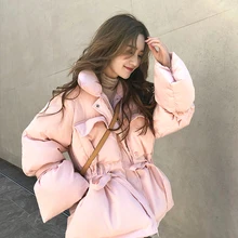 Зимнее Новое модное Розовое свободное приталенное пальто с воротником толстое короткое хлопковое Женское пальто Размер s m l по всему миру