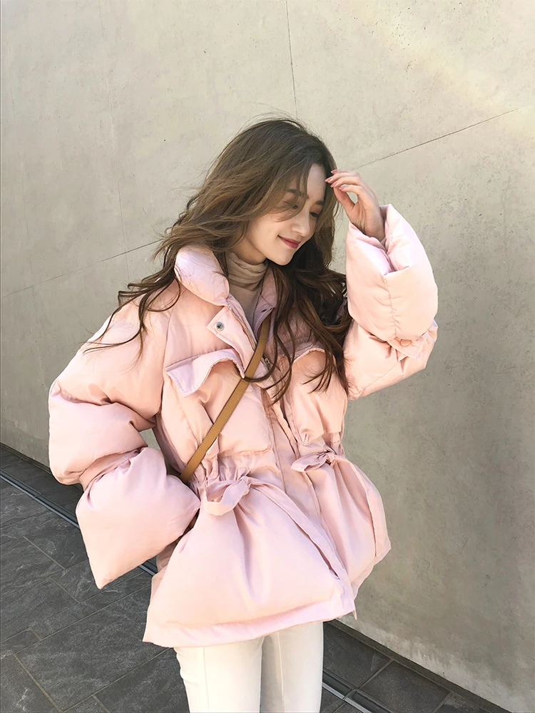 

2019 Winter New Fashion Pink Loose Waist Collar Thick Short Cotton Women Coat Size S M L Free Shipping Worldwide