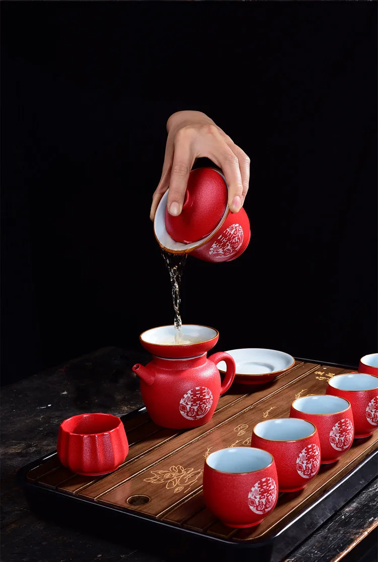 Kínai Ünnepség Esküvői Gaiwan Teáscsésze Teljes Készlet Kerámia Tea Szett Otthon Kung Fu Fekete Da Hong Pao Ajándék Doboz