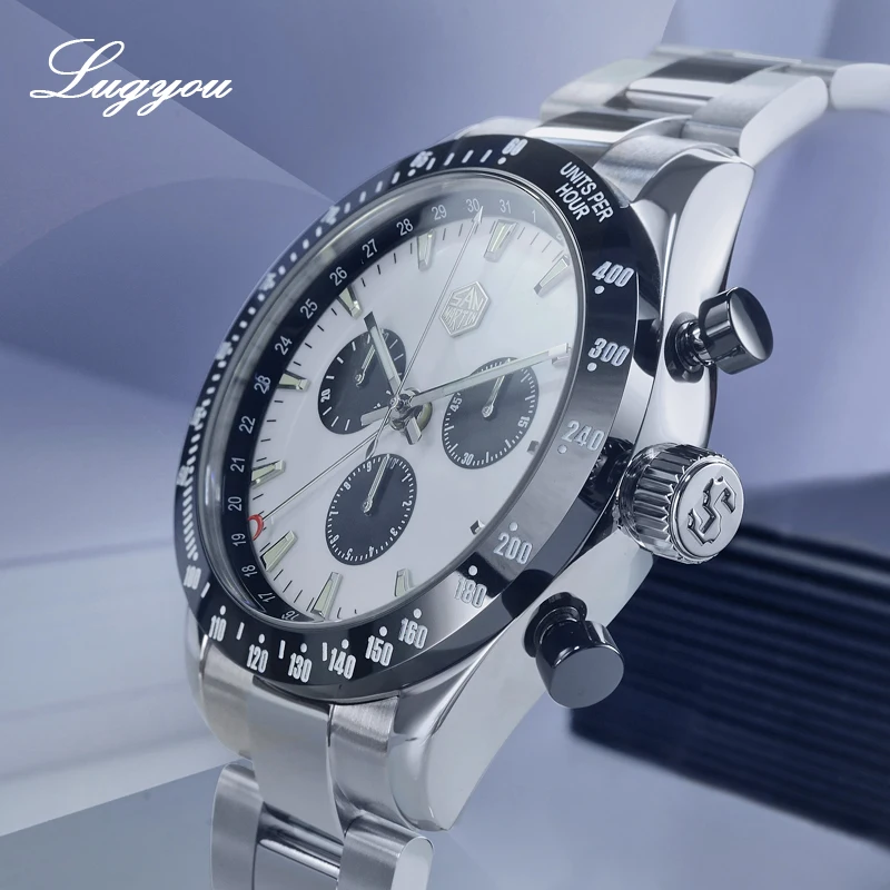 Lugyou San Martin Quartz Watch Men Chronograph Timepiece Sun ray Metal Band Sub Dials Pusher Sapphire 100m Water Resistant Glow