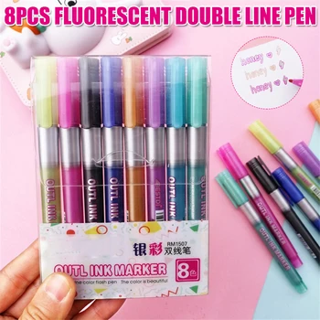 

Marker Pen for Highlight Double Line Outline Pens 8 Colors Self-Outline Glitter Writing Drawing Pens for Card GDeals