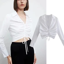 

Jenny&Dave Short Bandage Blouse Women England Style Fashion High Street Sexy Pleated Blusas Mujer De Moda 2022Casual ShirtWomen