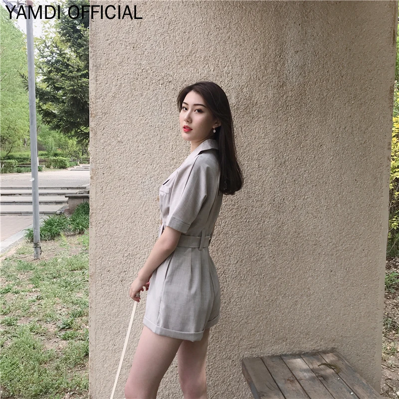 YAMDI винтажный пляжный Летний комбинезон для женщин, Модный корейский костюм с поясом, комбинезоны, детские костюмы, женский широкий комплект с шортами