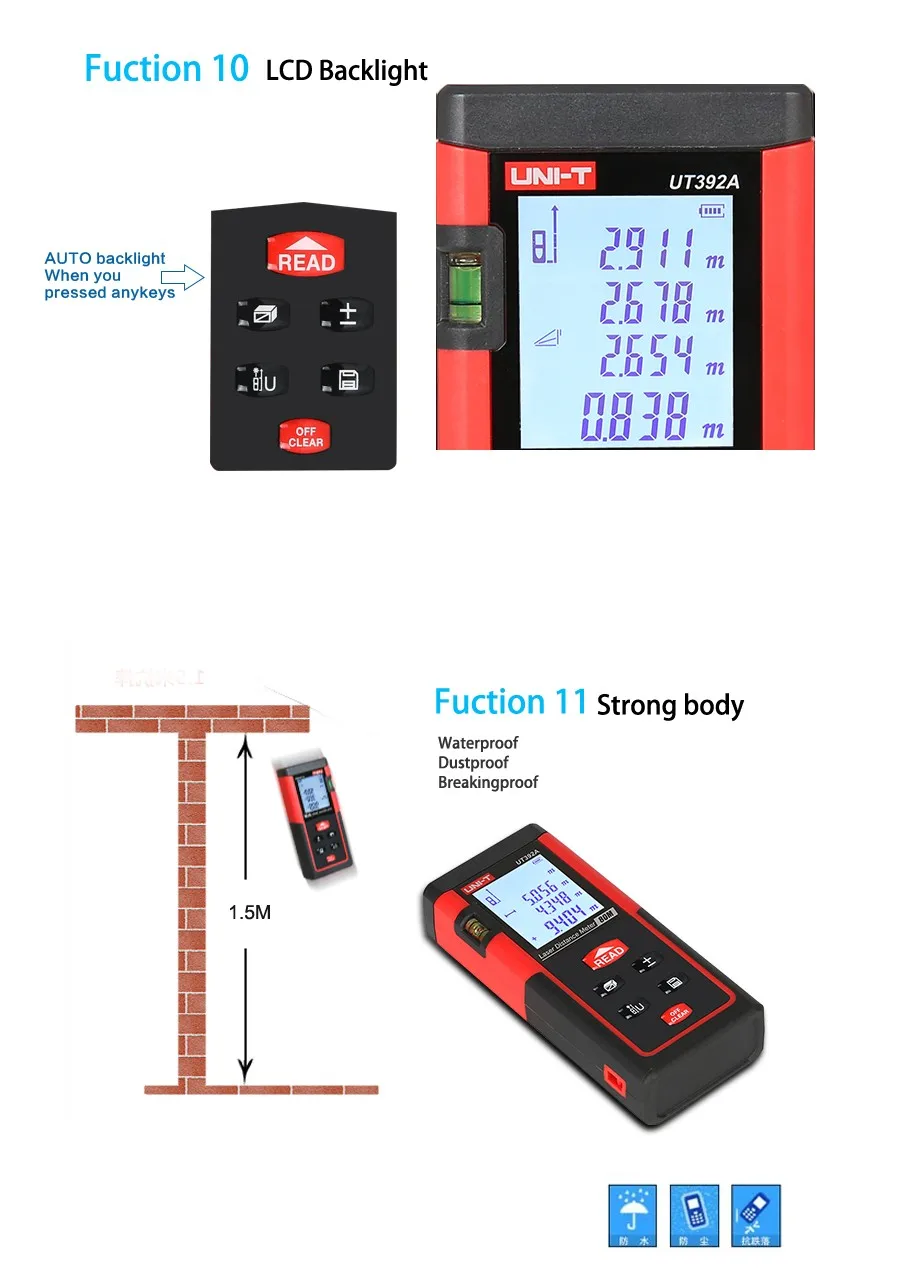 UNI-T UT393A лазерный дальномер 120 м двойной уровень пузырьковый дальномер цифровой лазерный дальномер Trena лазерный измерительный инструмент