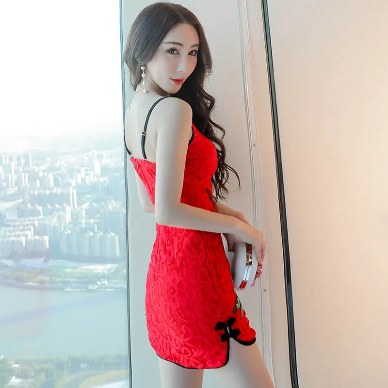 chinese dress qipao sexy modern women backless spaghetti strap sexy nightclub dress Hollow lace deep v neck bodycon dress - Цвет: color2