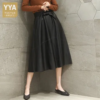 

Autumn Women High Waist Lace Up Zip Genuine Leather Skirts Vintage Loose Fit Knee Length Sheepskin A-Line Skirt Female Plus Size