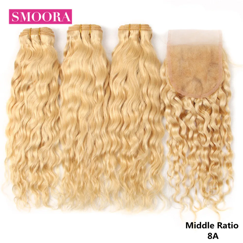 Smoora Blonde Bundles With Closure Brazilian Water Wave Bundle With Closure Remy Blonde 613 Human Hair Bundles With Closure