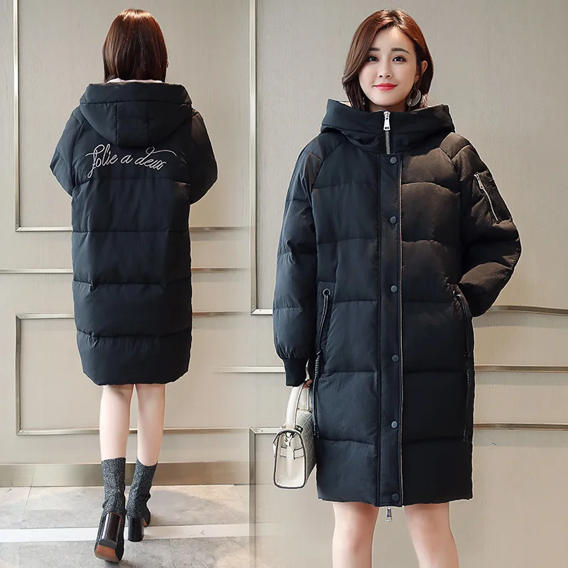 

Cotton-padded Clothes Women's Mid-length 2018 Winter New Style Korean-style Loose Casual Hooded Embroidered down Coat Cotton Ove