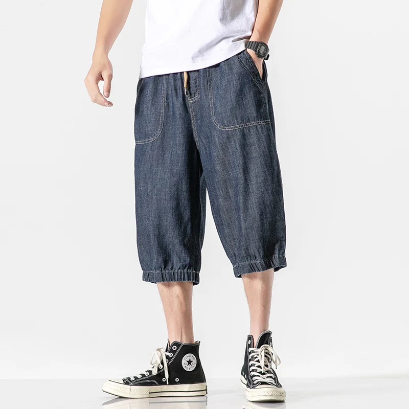 2020 Mens Loose Baggy Denim Short Men Jeans Streetwear Hip Hop Cargo Shorts Pocket Bermuda Male Dark Blue Calf-Length Pants 2020 Mens Loose Baggy Denim Short Men Jeans Streetwear Hip Hop Cargo Shorts Pocket Bermuda Male Dark Blue Calf-Length Pants