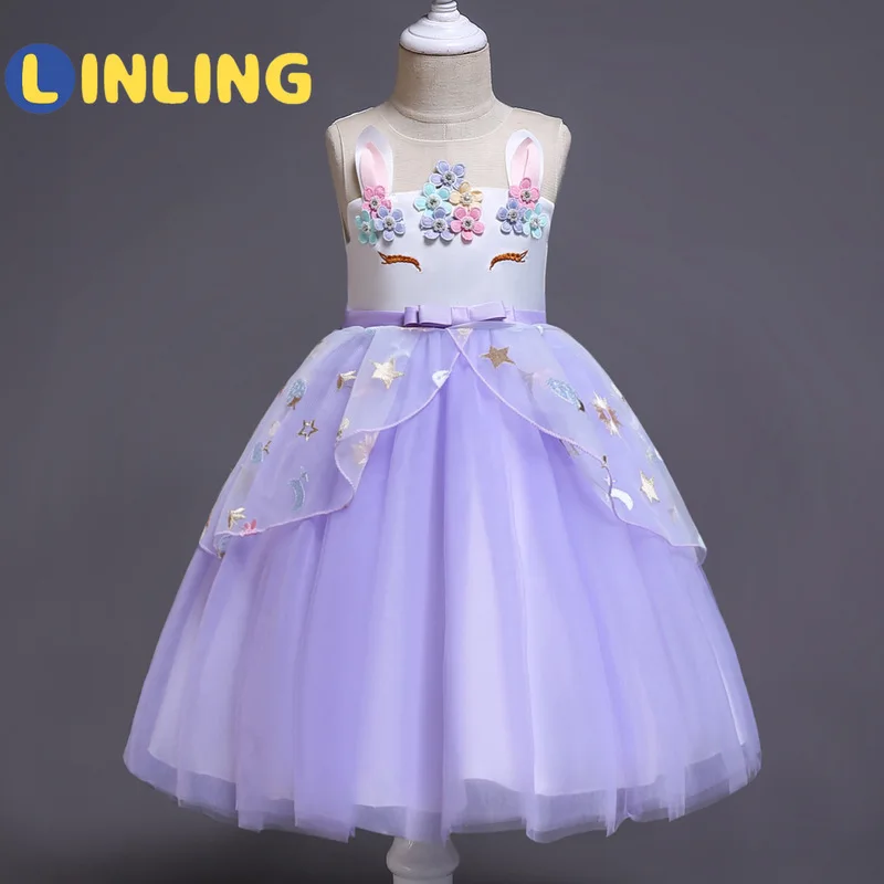 LINLING новый стиль платье с единорогом Детские платья для девочек Рождественский