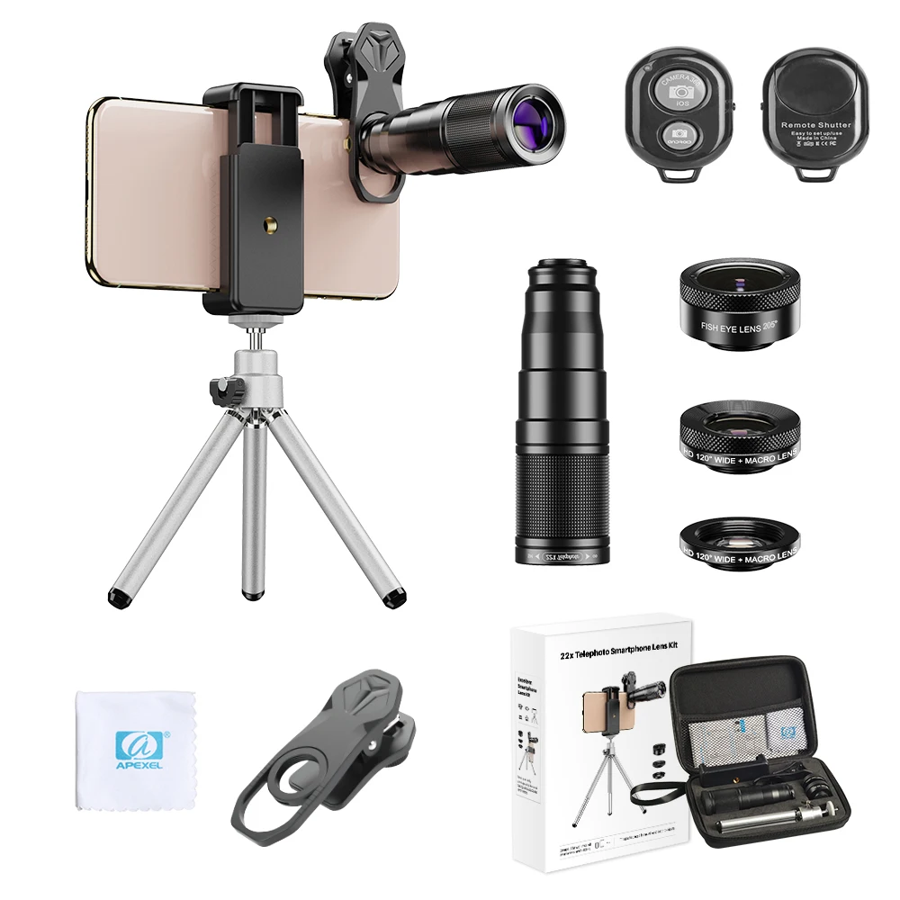 cell phone lens APEXEL New Phone Camera Lens kit 4in1 Telephoto Zoom 22X Lens Telescope Monocular Wide Macro Fisheye Lens Tripod with remote mobile lens Lenses