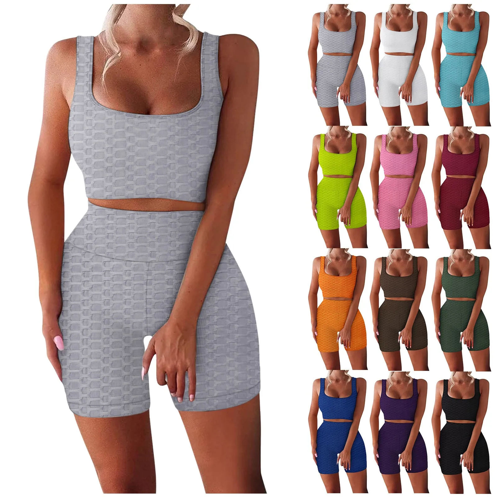 2 Piece Workout Sets For Women Seamless Ribbed Crop Tank High Waist