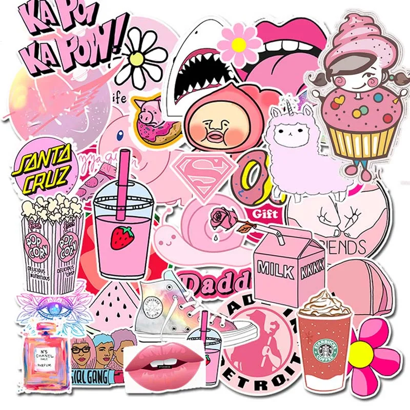 

50 Pcs Pink Vsco Waterproof Sticker Fun Cool Pvc For Chidren Toy To Diy Suitcase Laptop Bicycle Helmet Car Decals Sticker Set