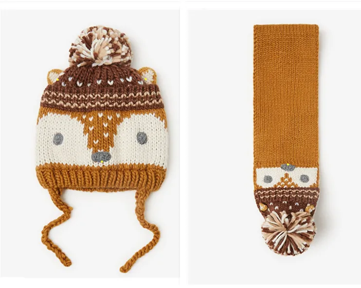 new winter warm animal design fox style knitted hat and scarf sets for baby boy girls kids children