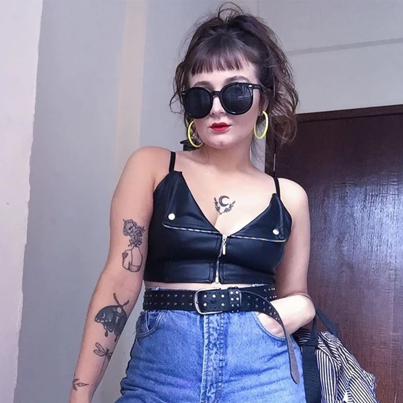Waatfaak Punk Gothic PU Leather Tank Top Women Moto Style Zipper Up Button Crop Top Club Cami Black Croptop Fashion Sleeveless