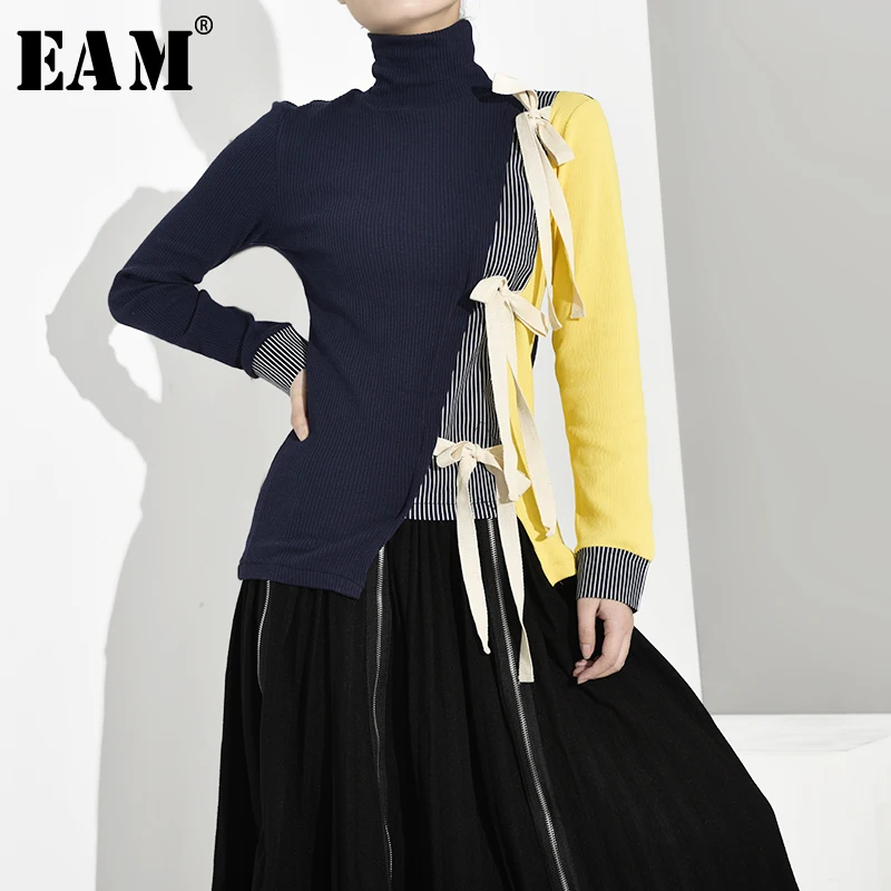 

[EAM] Bandage Contrast Color Knitting Sweater Loose Fit Hgih Collar Long Sleeve Women New Fashion Tide Autumn Winter 2019 JL9010