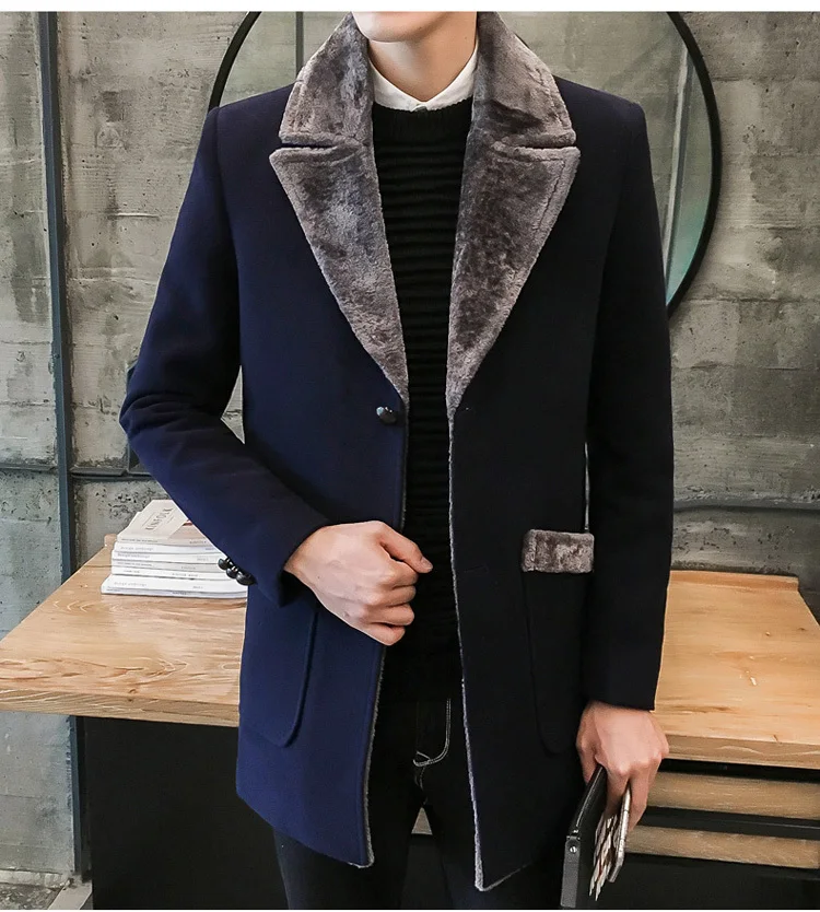 Fur Collar Trench Coat Men Wool Blend Winter Coat Slim Fit Men Manteau Homme Mid-Long Black Grey Mens Trench Coat Blue 4xl 5xl