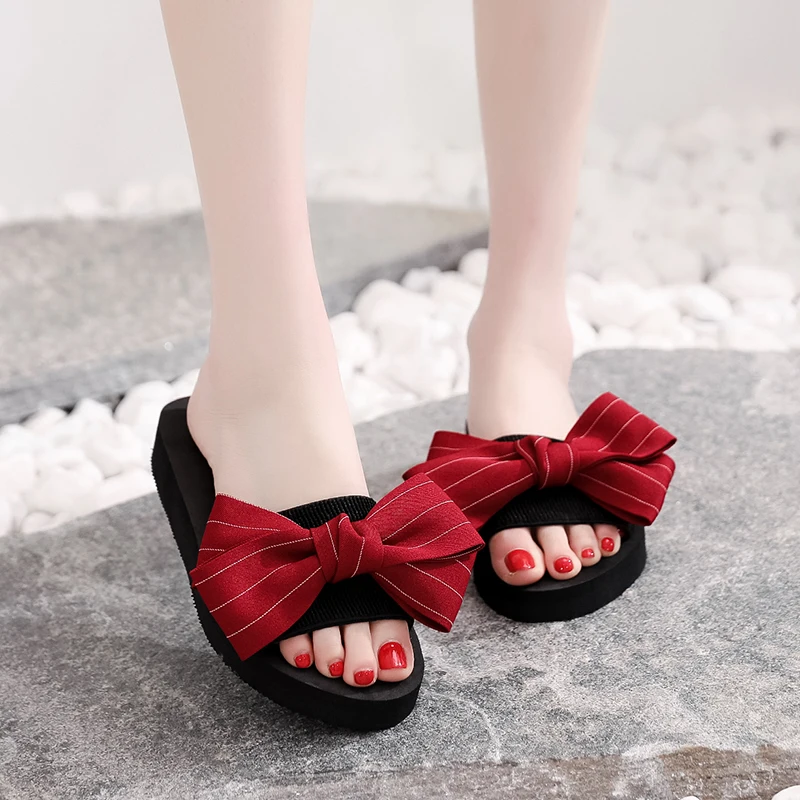 

2020 Women Summer Stripe Beach Sandals Slipper Indoor Outdoor Flip-flops Beach Shoes Fashion Female Casual Bow Slippers