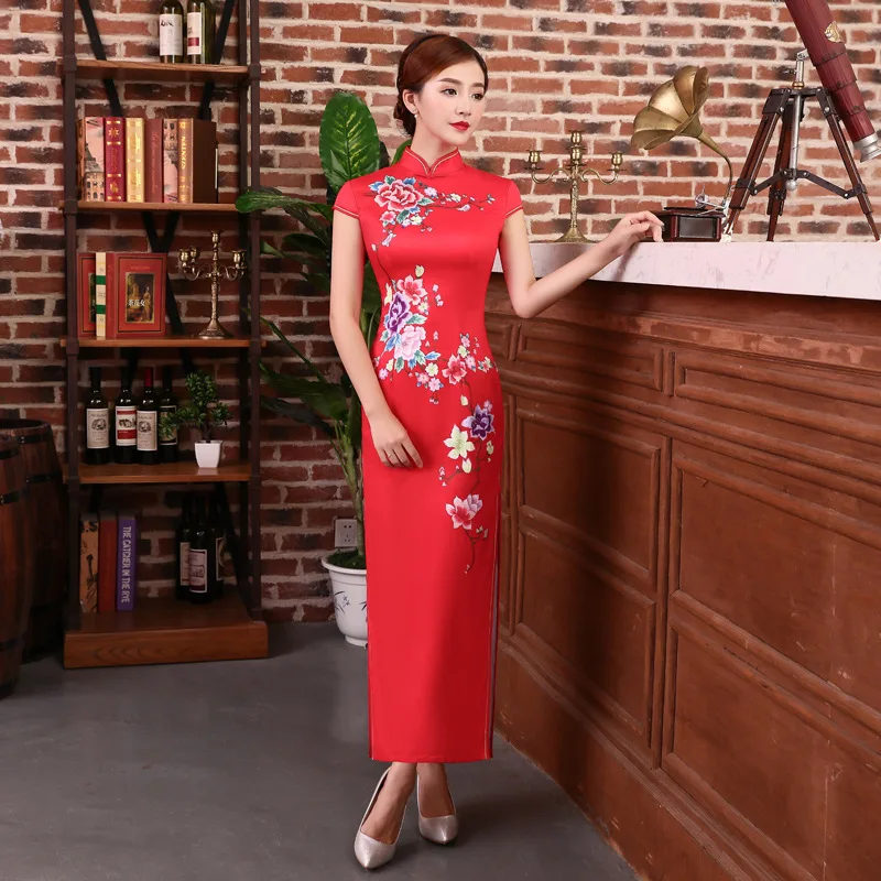 

Chinese Traditional Mandarin Collar Classic Women Qipao Novelty Print Flower Satin Cheongsam Sexy Slim Long Vestidos Plus Size