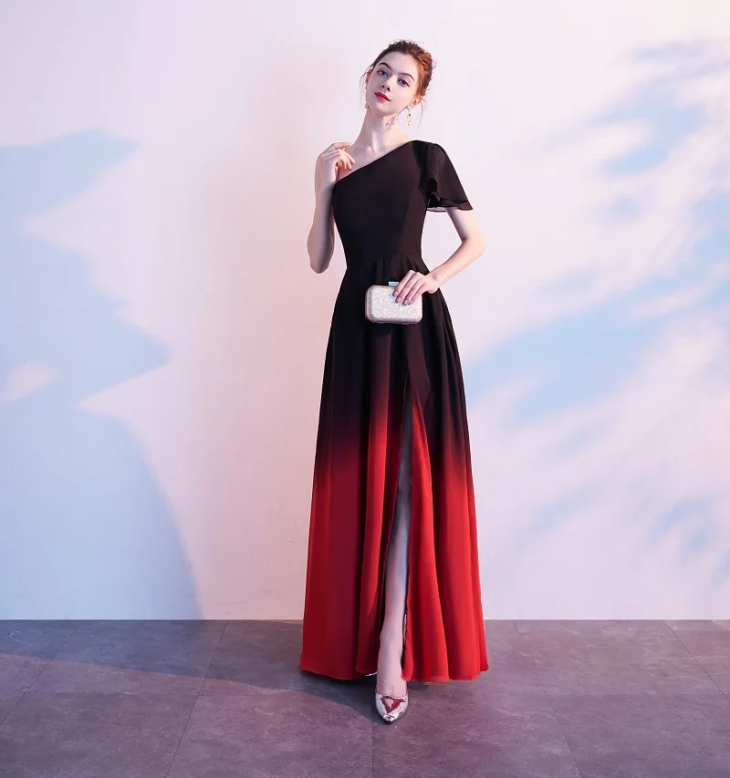 Berman, хит, Angel-fashions, женское платье на одно плечо, плиссированное, комбинированное, градиентное, с блестками, контрастный цвет, черный, красный, с разрезом, вечерние платья