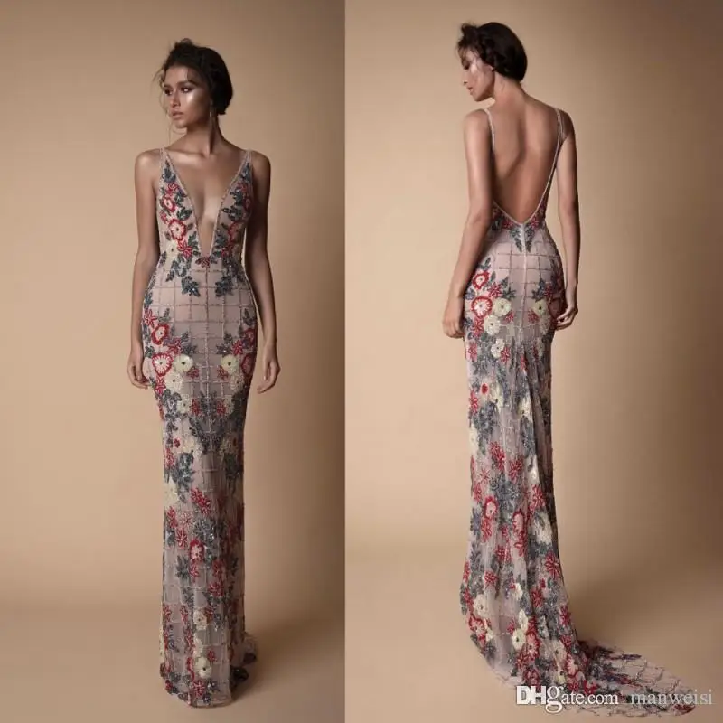 

Embroidery Luxury Mermaid Dresses Evening Wear Backless Sheer Plunging Neckline Crystal Evening Gowns 2019 New Arrival
