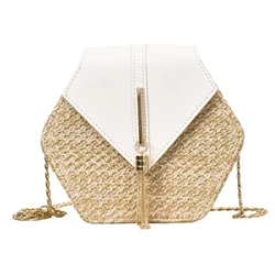 Hexagon Multi-Style Straw & Leather Handmade Woven Bohemian Shoulder Bag - 21x6x19cm (White)