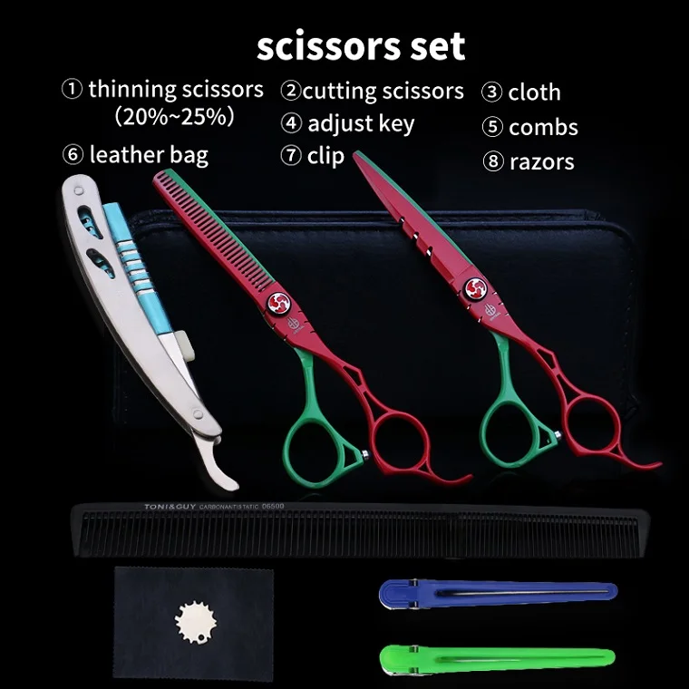 SET RED WITH RAZOR ORTRAL 6 дюймов ножницы для волос Профессиональные Парикмахерские ножницы парикмахерские высокое качество Резка истончение набор Инструменты для укладки Парикмахерская - Цвет: SET RED WITH RAZOR
