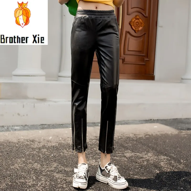 

2020 New Women Zippers Designer Sheepskin Real Leather Pants Elastic Waist Ankle Length Trousers Genuine Leather Pencil Pants