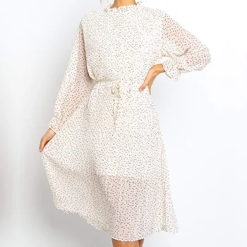 

Vestido Stand Collar Polka Dot European Style Woman Dress Summer Chiffon Woman Dress Long Sleeve