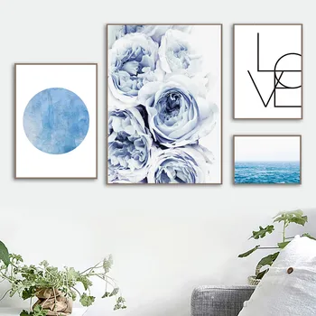 

Nordic Poster Blue Ocean Canvas Painting Flower Peony Print Landscape Poster Modern Picture Abstract Wall Art Painting Unframed
