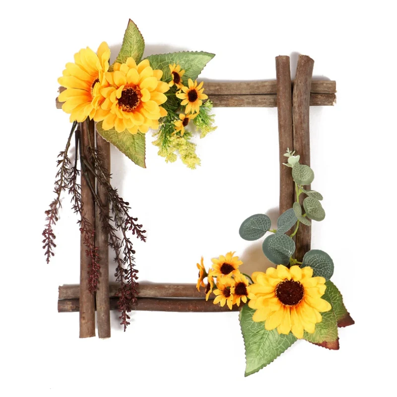 Artificial Flowers Garland Wooden Frame Pendant Faux Floral Hanging Wreath For Wall Wedding Decorations Garland - Цвет: Темно-серый